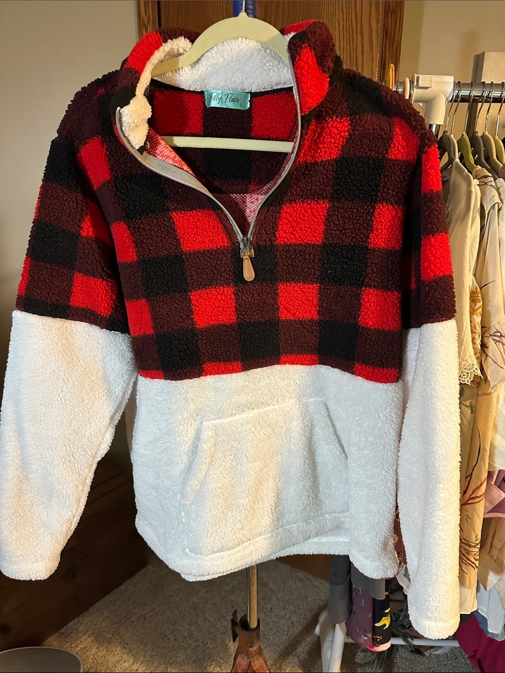 Filly Flair Red & Black Buffalo Plaid Sherpa Half-Zip Pullover with Cream Body